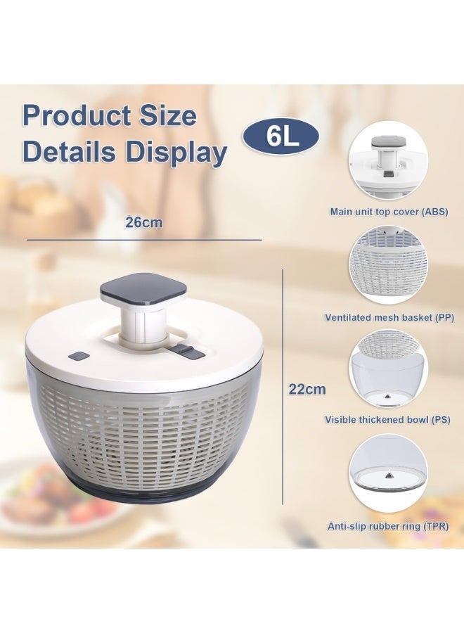 YOONISPRO 6L Large Salad Spinner – One-Hand Pump Design, Effective Lettuce Dryer with Bowl, Easy to Use, Dishwasher Safe, White & Gray - Image 2